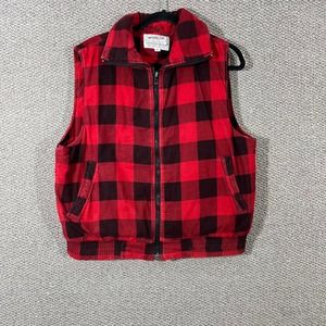 VTG Woodland Vest Jacket Men Medium Red Plaid‎ Lined Sleeveless Full Zip Quilted